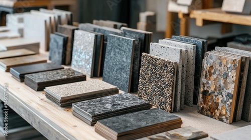 A collection of different alloy samples displayed on a table, showcasing various textures and finishes.