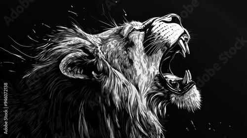 A fierce lion roaring with a striking chrome effect against a dark background