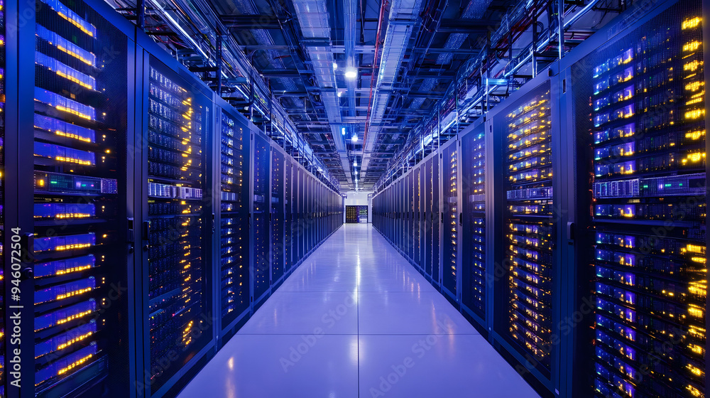 Server room and racks in a data center illustrating advanced network and internet technology. Server room and racks in a data center illustrating advanced network and internet technology.
