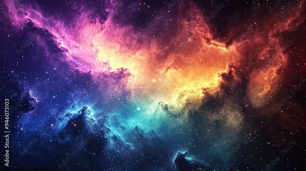 Fototapeta premium A colorful depiction of a nebula with swirling clouds of gas and stars.