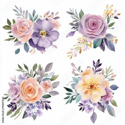 Beautiful watercolor floral arrangements featuring various flowers and greenery. Perfect for decoration or design projects.