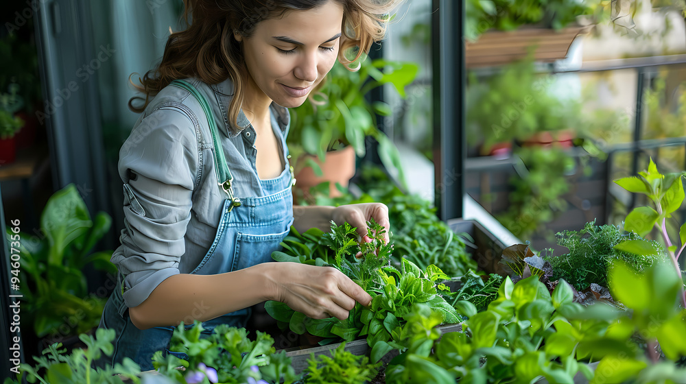Obraz premium Gardener cutting spicy herbs with scissors growing at home vegetable garden, close-up view. Concept of home growing organic greens