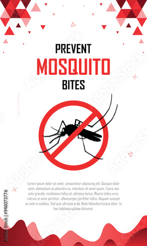 No mosquito bites, avoid dengue fever, prevent malaria, awareness campaign banner, stop spreading infection, epidemic control, red geometric background design, copy space for text
