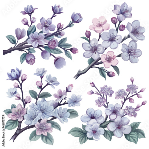 Watercolor Illustrations of Branches with Blue, Purple, and Pink Blooms