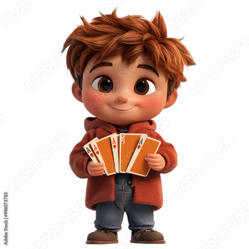 Cute Cartoon Boy Holding Playing Cards photo