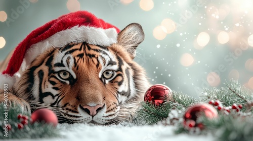 A festive tiger wearing a Santa hat, relaxing amidst Christmas decorations and a snowy background, perfect for holiday themes.