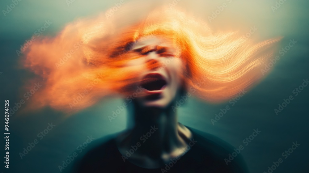 A distorted figure with fiery hair appears to scream, capturing intense emotion and chaos. A distorted figure with fiery hair appears to scream, capturing intense emotion and chaos.