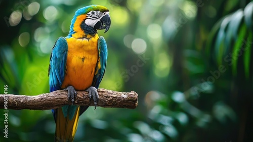 A colorful parrot perched on a tree branch in a tropical rainforest.