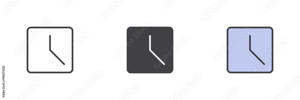 Square clock different style icon set Square clock different style icon set