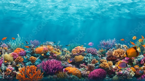 Produce a dramatic side view depiction of a bustling underwater ecosystem, showcasing colorful coral reefs, marine life, and clear blue waters with intricate details