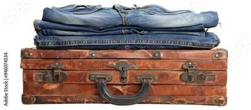 Stack of various jeans on an old bright brown leather suitcase isolated on white. Copy space image. Place for adding text and design
