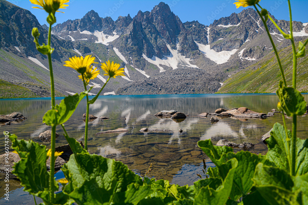 Beautiful natural landscape with high rocky mountains and crystal clear ...