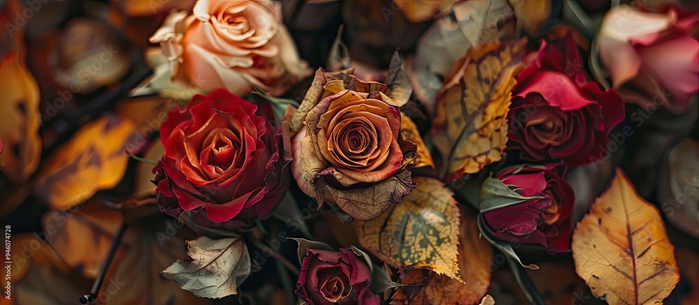 Image of an autumn backdrop featuring dry roses with copy space Image of an autumn backdrop featuring dry roses with copy space