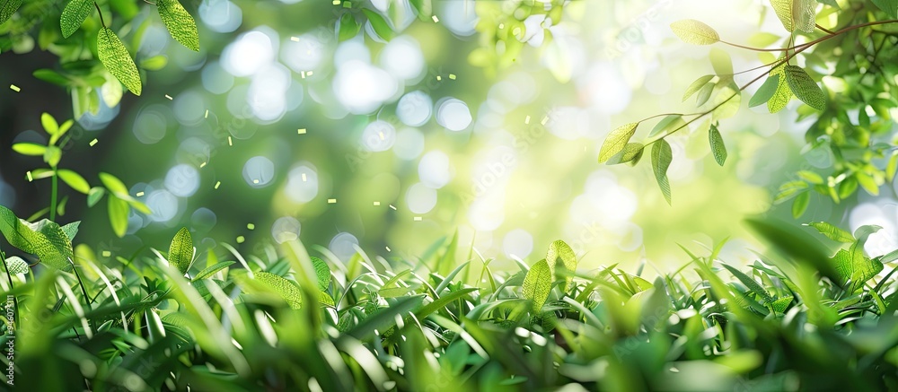 Obraz premium Spring green grass on a fresh background. Copy space image. Place for adding text and design