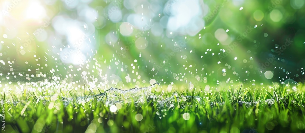 Lawn sprinkler spraying water on green grass. Copy space image. Place for adding text and design Lawn sprinkler spraying water on green grass. Copy space image. Place for adding text and design