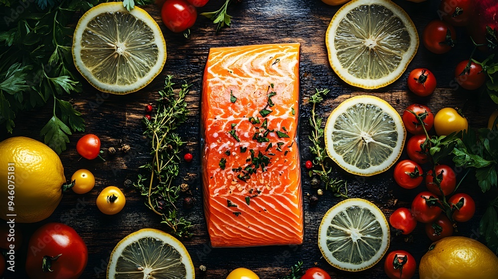 A vibrant composition featuring a fresh salmon fillet surrounded by lemon slices, herbs, and colorful vegetables on a dark wooden surface. The rich colors of the ingredients contrast beautifully with A vibrant composition featuring a fresh salmon fillet surrounded by lemon slices, herbs, and colorful vegetables on a dark wooden surface. The rich colors of the ingredients contrast beautifully with