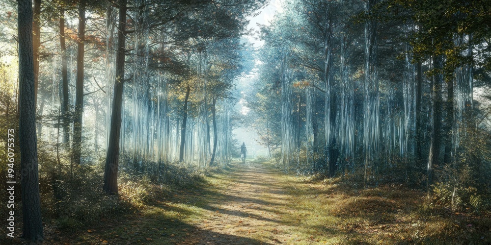 Sunlit path through a misty forest. Sunlit path through a misty forest.