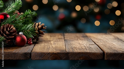 Festive wooden table adorned with Christmas decorations, including pine branches, ornaments, and a blurred holiday background.