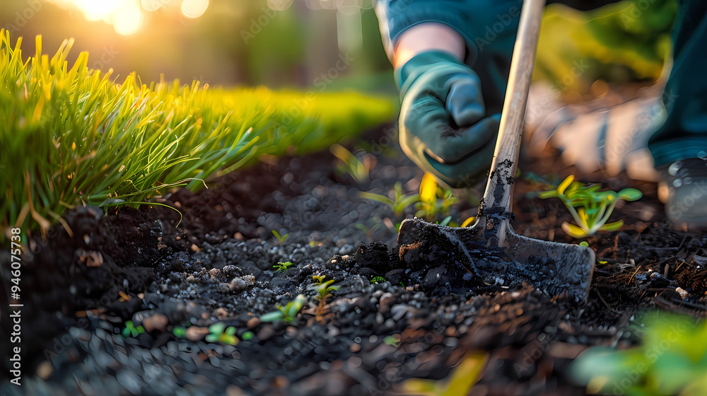 Fototapeta premium Gardener cutting spicy herbs with scissors growing at home vegetable garden, close-up view. Concept of home growing organic greens