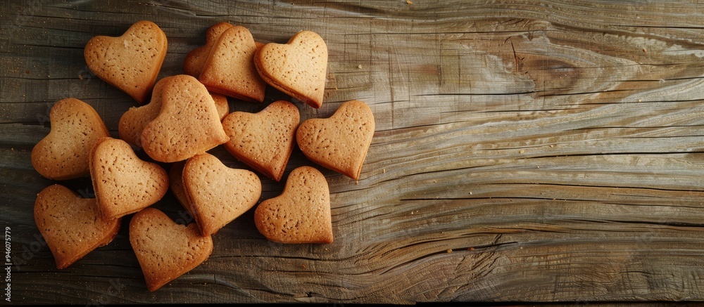 Fototapeta premium Heart shaped cookies for Valentine s Day on a wooden surface Copy space