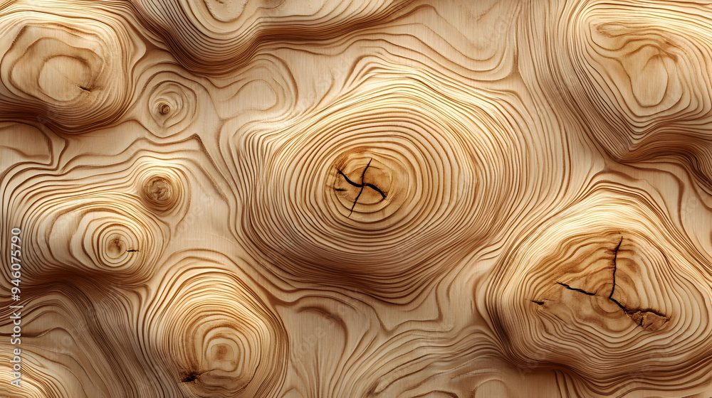 Close-up of a light brown wood grain with several concentric circles and deep grooves, creating a textured surface.