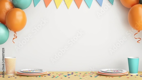 Birthday table setup, plates, cups, and confetti, party decorations, 3D illustration