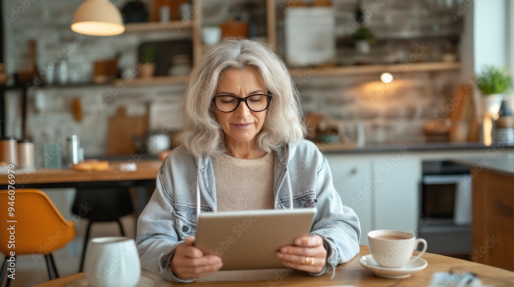 Mature woman using tablet in cozy kitchen, senior working from home with digital device, active aging and technology adoption concept Mature woman using tablet in cozy kitchen, senior working from home with digital device, active aging and technology adoption concept