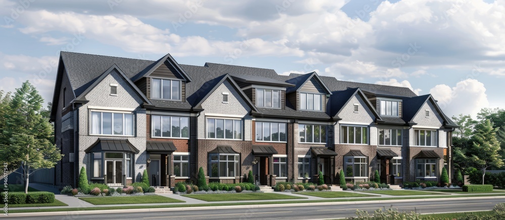 Square exterior of townhouses featuring gable roofs and brick walls set against a cloudy sky. Copy space image. Place for adding text and design Square exterior of townhouses featuring gable roofs and brick walls set against a cloudy sky. Copy space image. Place for adding text and design