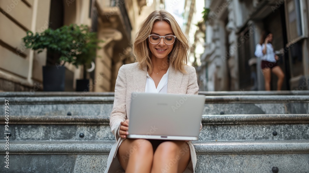 Smiling blonde woman using laptop on outdoor steps, young professional working remotely in urban setting, digital nomad lifestyle concept Smiling blonde woman using laptop on outdoor steps, young professional working remotely in urban setting, digital nomad lifestyle concept