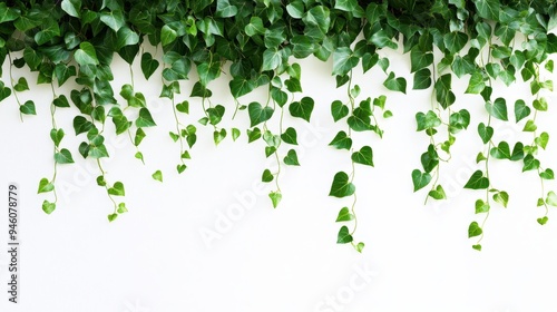 Latar belakang hijau dengan daun merambat yang menggantung.