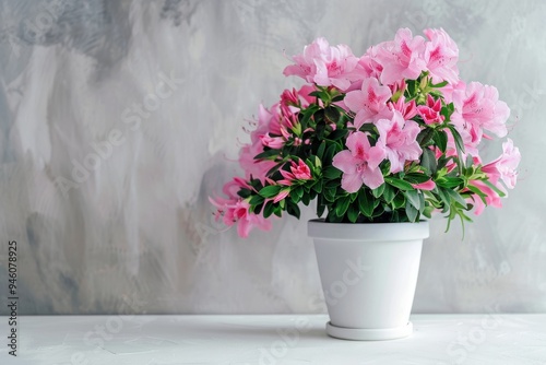 Azalea flower in pot on white table indoors room for text Home decoration photo