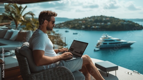 Wallpaper Mural Man using laptop on balcony overlooking luxury yacht and tropical bay, digital nomad working with scenic ocean view, remote work and travel lifestyle concept Torontodigital.ca
