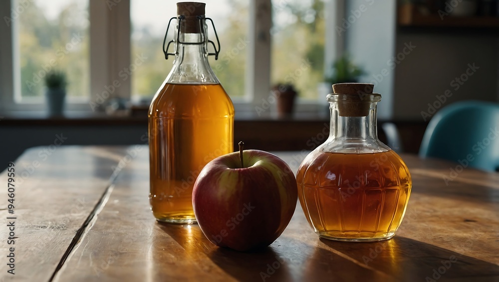 Glass bottle of apple cider vinegar on a kitchen table Glass bottle of apple cider vinegar on a kitchen table