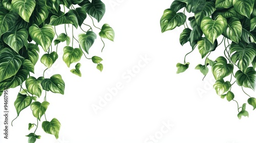 Latar belakang putih dengan tanaman hijau merambat di kedua sisi.