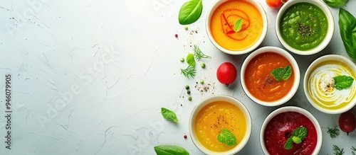 Soup Assortment A collection of different seasonal vegetable soups made with organic ingredients banner copyspace Homemade vibrant vegan and vegetarian soups