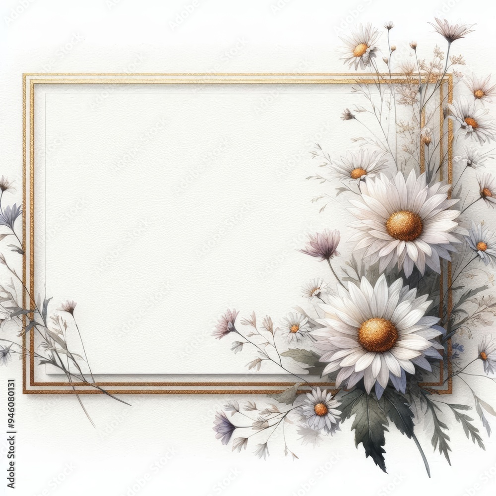 Obraz premium Elegant floral design featuring daisies and delicate foliage in soft hues.