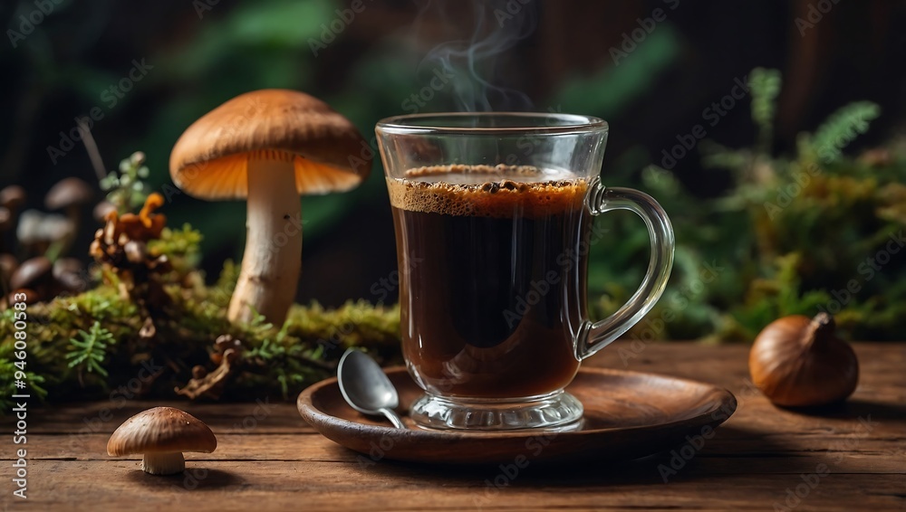 Glass cup with mushroom coffee on a wooden table next to mushrooms Glass cup with mushroom coffee on a wooden table next to mushrooms