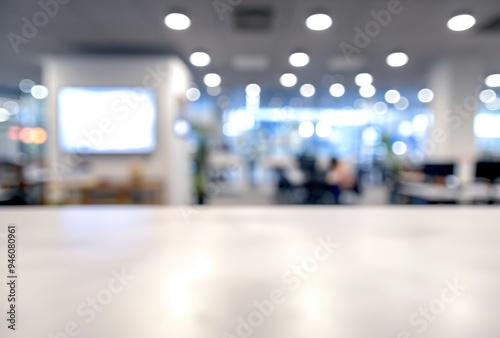 Blurred Interior with White Table and Overhead Lights
