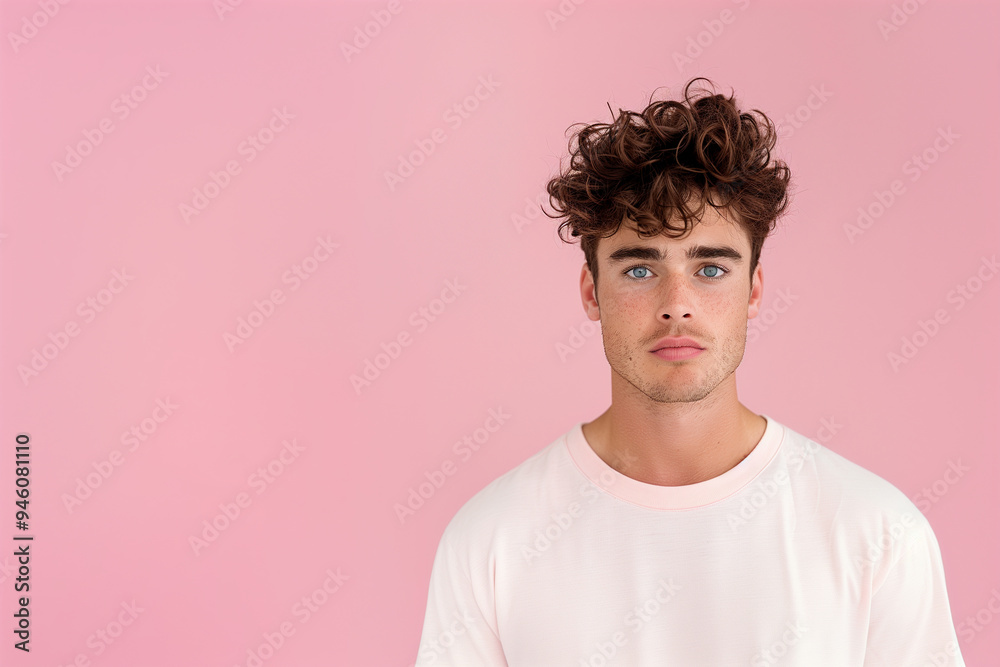 Stylish portrait of a young man with curly hair, wearing a light pink t-shirt, standing against a soft pink background, exuding a calm and fresh vibe. Stylish portrait of a young man with curly hair, wearing a light pink t-shirt, standing against a soft pink background, exuding a calm and fresh vibe.