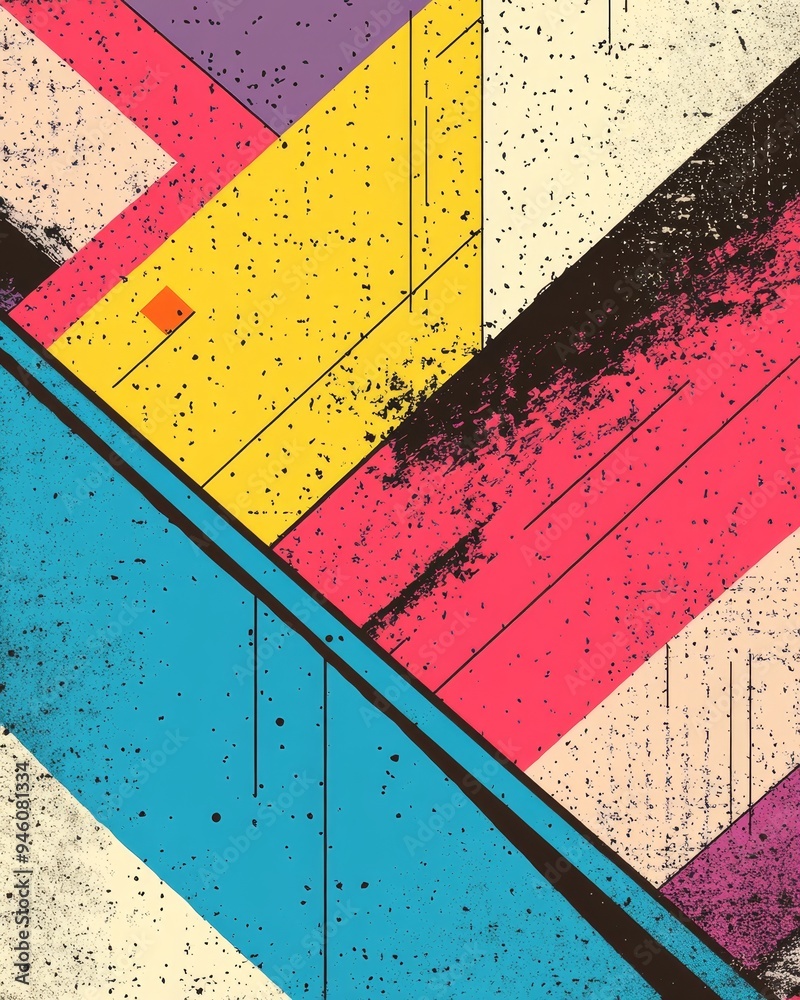 Naklejka premium Colorful Neo Brutalism poster showcasing dynamic lines and textures in vibrant geometric patterns