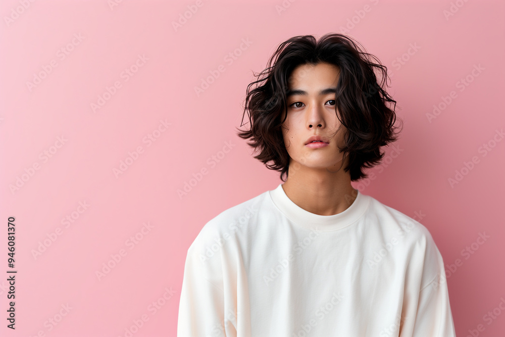 Portrait of a young Korean man with tousled hair, wearing a white sweatshirt against a pink background. Minimalist and trendy. Portrait of a young Korean man with tousled hair, wearing a white sweatshirt against a pink background. Minimalist and trendy.