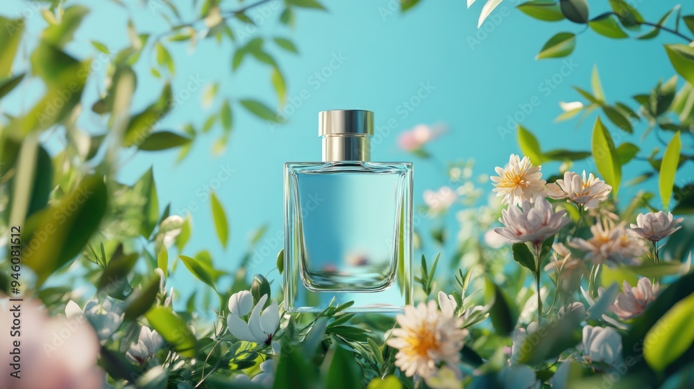 glass of fragrant perfume bottle in the aromatic surrounding flowers glass of fragrant perfume bottle in the aromatic surrounding flowers