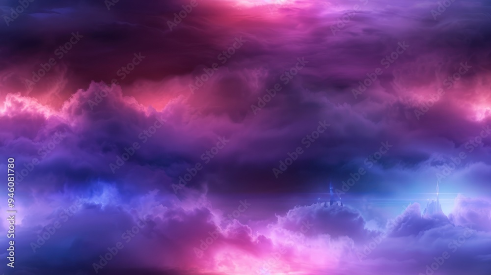 Vibrant clouds illuminate the night sky with shades of purple and pink, creating a mesmerizing and dreamy atmosphere. Vibrant clouds illuminate the night sky with shades of purple and pink, creating a mesmerizing and dreamy atmosphere.