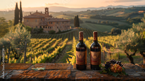 wine bottle in vineyard, landscape with sunlight poster