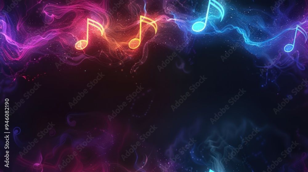 Vibrant musical notes surrounded by colorful swirling smoke create a dynamic and enchanting visual for music-themed projects. Vibrant musical notes surrounded by colorful swirling smoke create a dynamic and enchanting visual for music-themed projects.