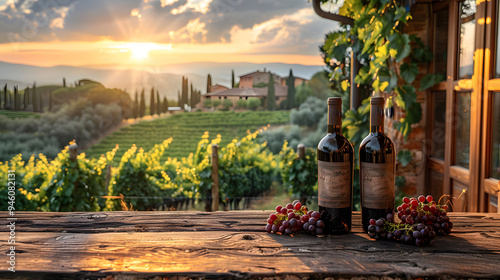 wine bottle in vineyard, landscape with sunlight poster