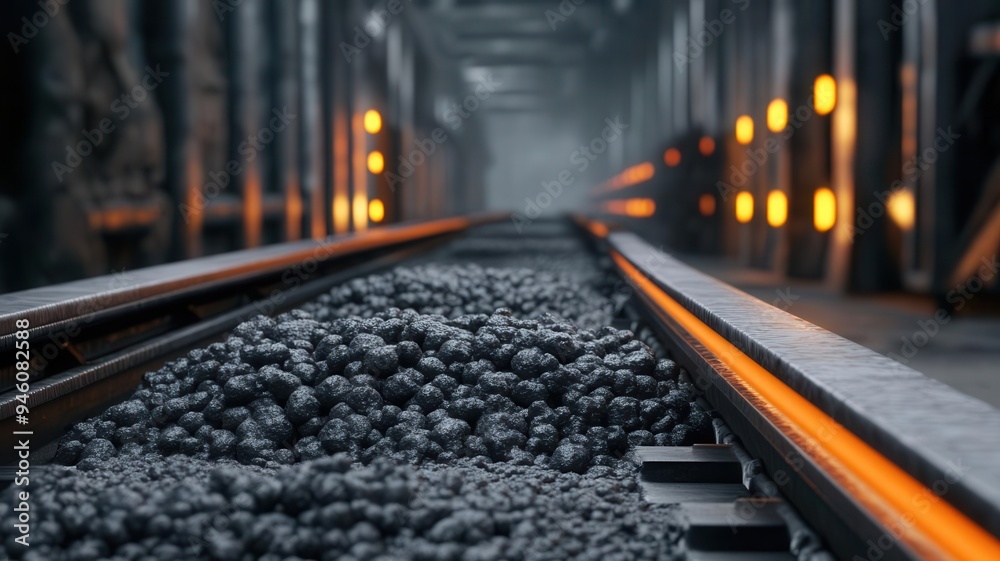 A close-up view of railway tracks in a dark tunnel, featuring coal scattered along the path and illuminated by warm lights. A close-up view of railway tracks in a dark tunnel, featuring coal scattered along the path and illuminated by warm lights.