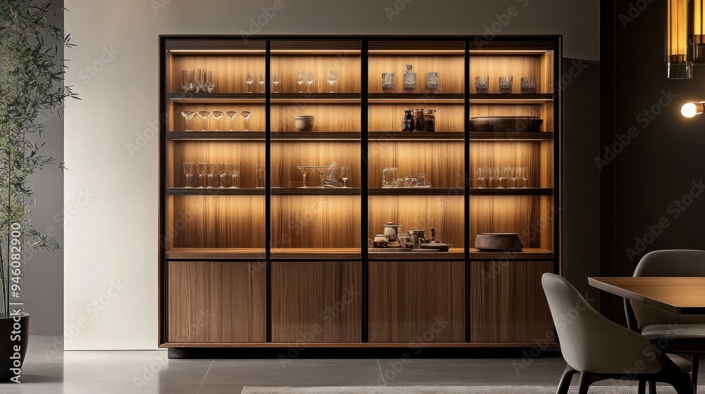 Modern Wooden Cabinet with Glass Doors and LED Lighting