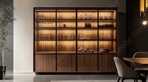 Obraz na płótnie Modern Wooden Cabinet with Glass Doors and LED Lighting w salonie