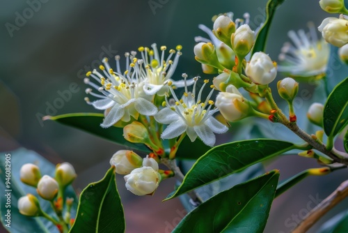 Close up of Lemon Myrtle flowers and buds native to Australia s coastal rainforests Aromatic lemon scented foliage photo